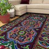 Handwoven vintage accent geometrical rug, colorful wool, wine colour with green and blue accents