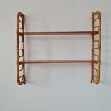 Wall shelf double modular rattan & vintage wood 50s