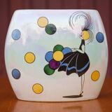 Pair of flat iridescent ceramic vase with girl motif with polychrome balloons, art deco vase, decoration