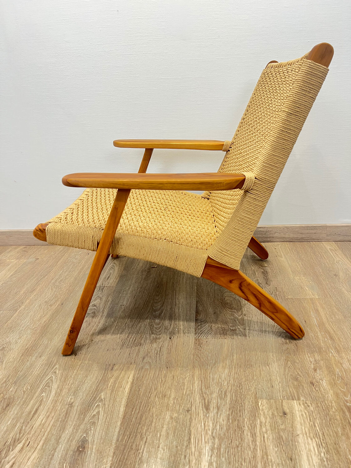 Pair of Scandinavian armchairs in woven solid teak.