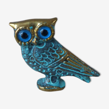 Miniature Brass Owl Figurine with Blue Eyes, Vintage Profile Owl