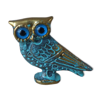 Miniature Brass Owl Figurine with Blue Eyes, Vintage Profile Owl