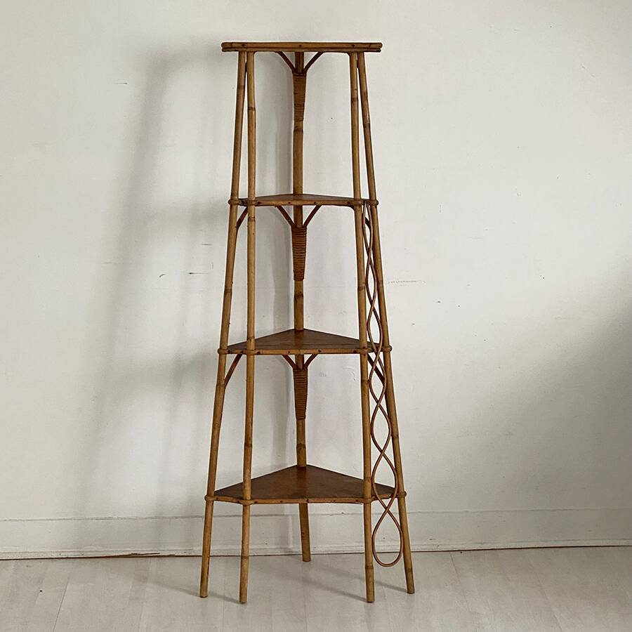 Small vintage rattan corner shelf 60's