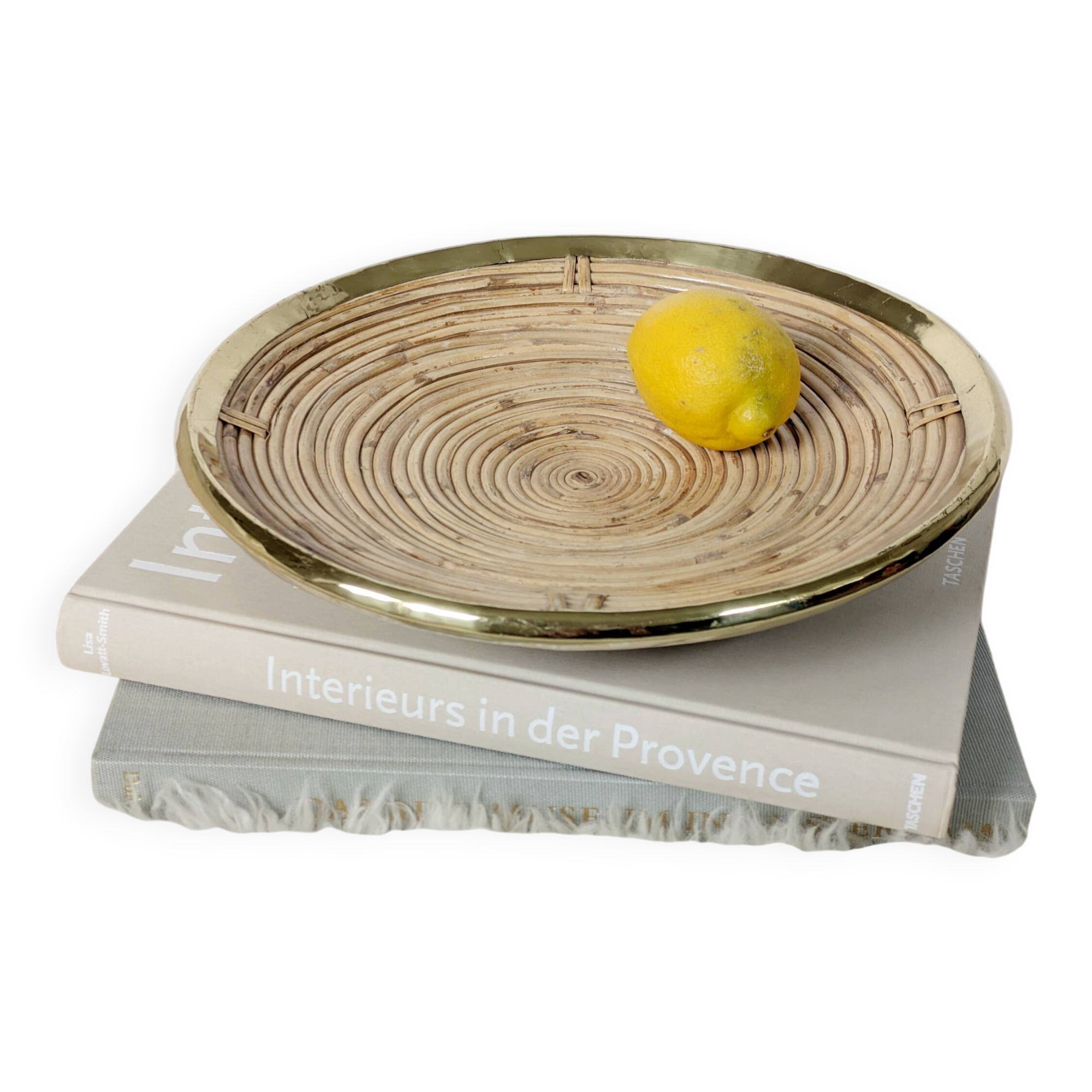 Round rattan and brass bowl, Italy 1970s, Gabriella Crespi style