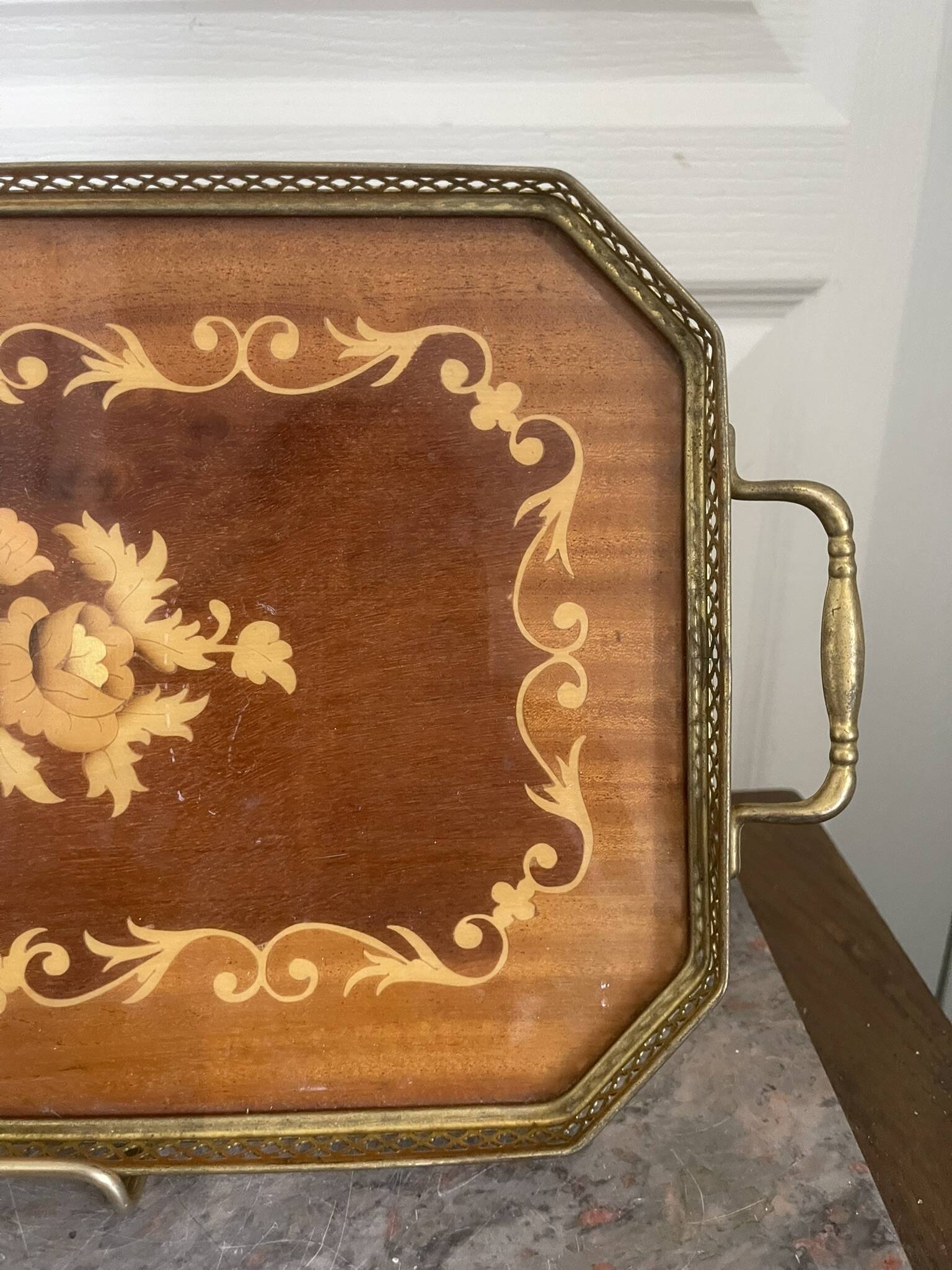Vintage Italian Sorrento Wood Marquetry Brass Serving Tray 36