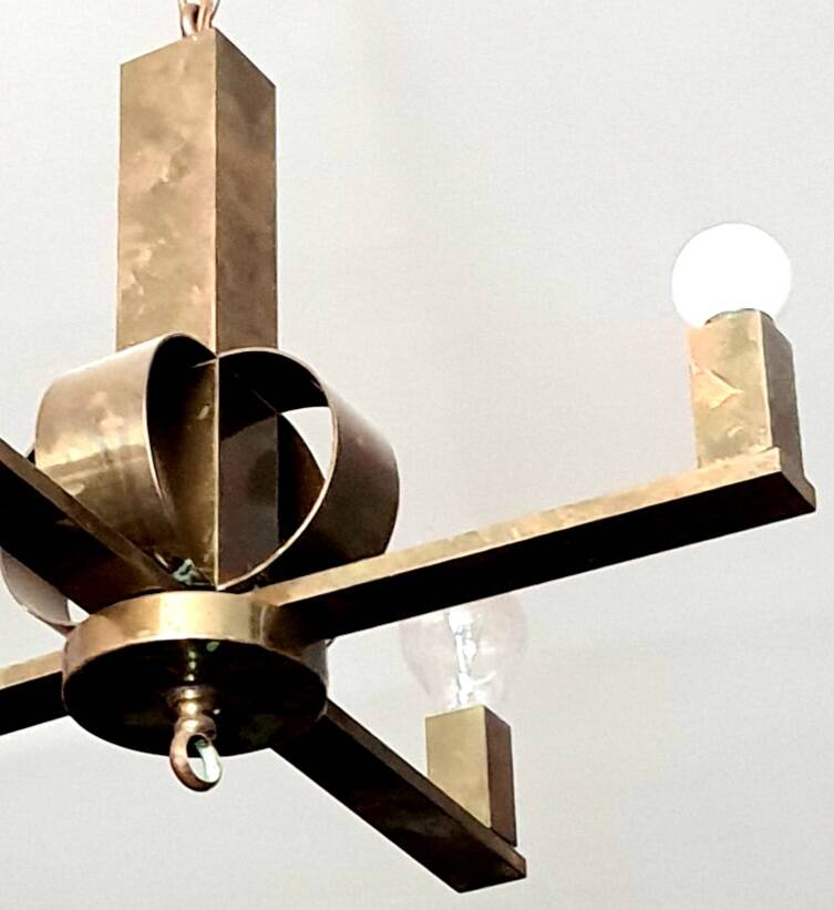 Art Deco period modernist four-light gilt brass pendant light circa 1930