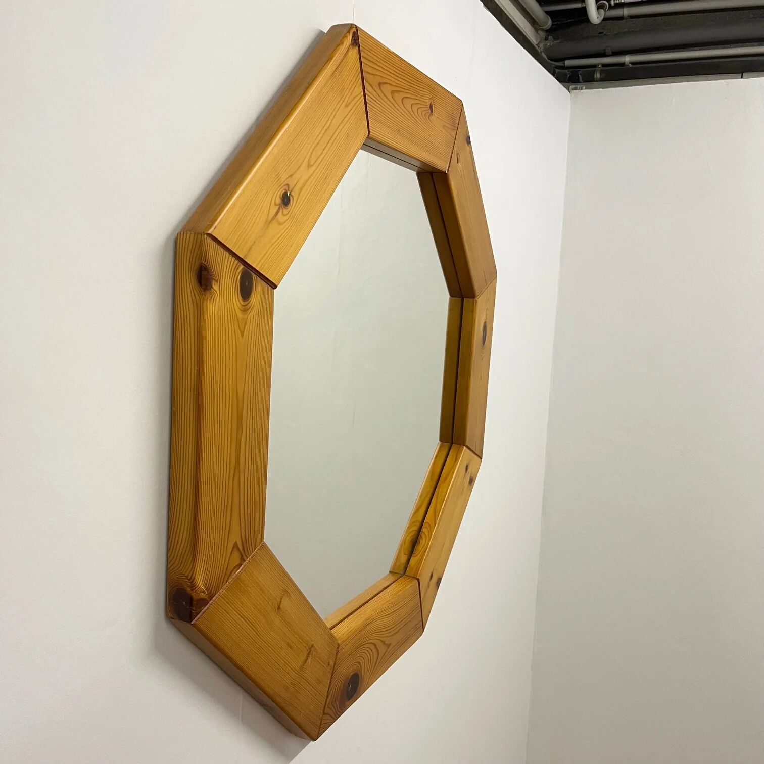 Large octagonal pine mirror, Scandinavian, 1980.