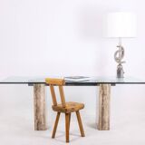 Console, or desk, in glass and travertine. 1980s.