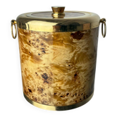 Lucite burl wood & brass ice bucket with tongs, Italy, 1970s