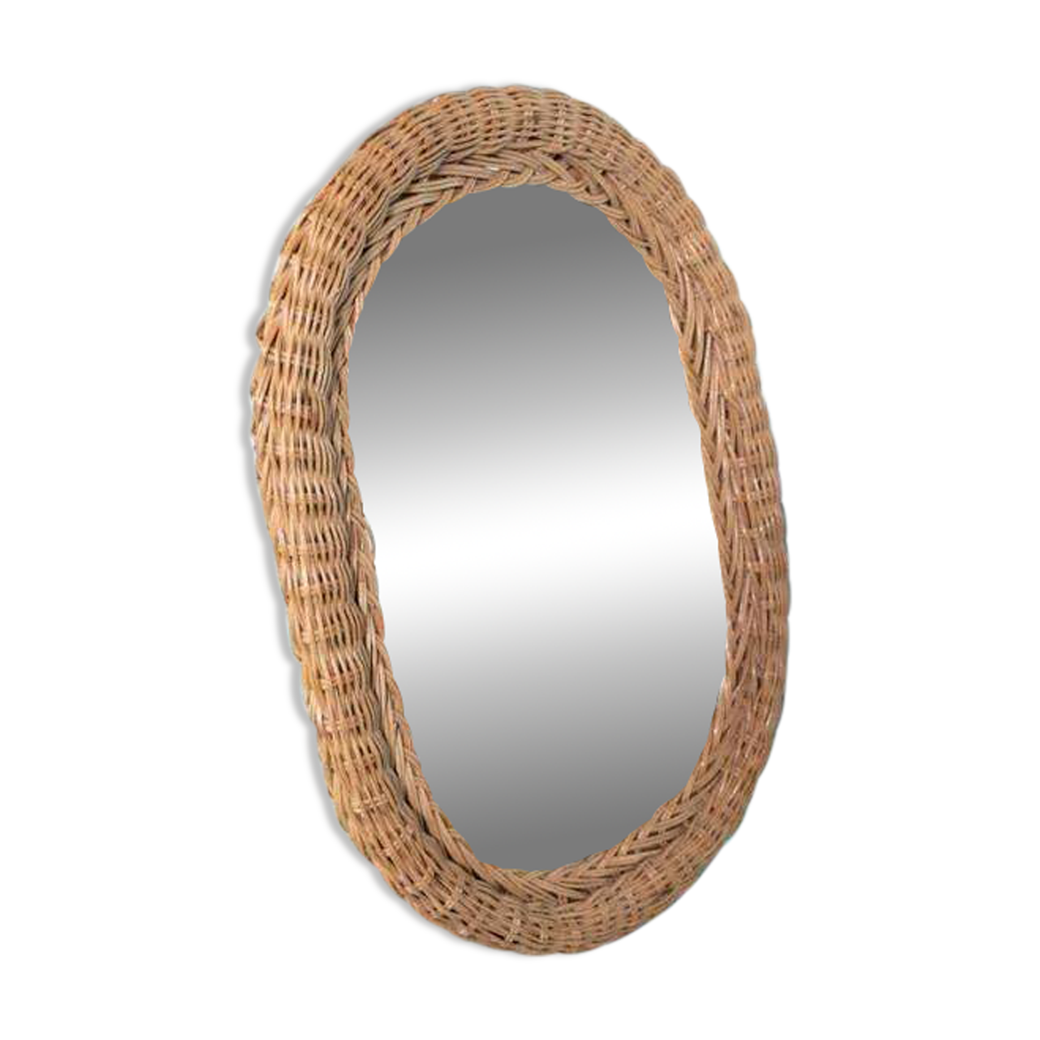 Vintage 70s bohemian wall mirror in woven rattan.