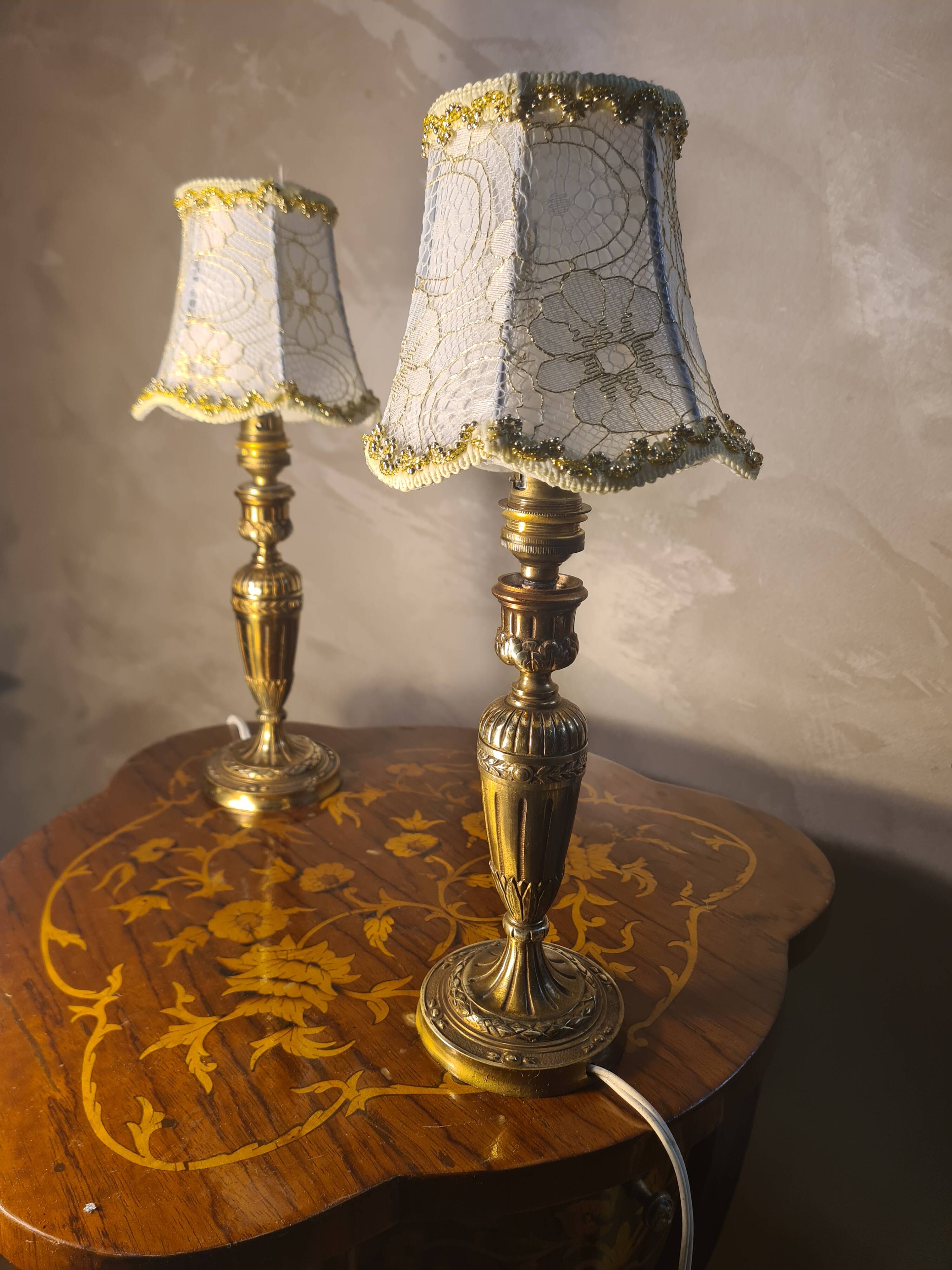 pair of Empire brass bedside lamps 34x14 electric working embroidered lampshade very beautiful