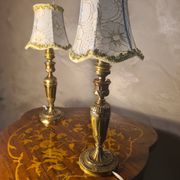 pair of Empire brass bedside lamps 34x14 electric working embroidered lampshade very beautiful