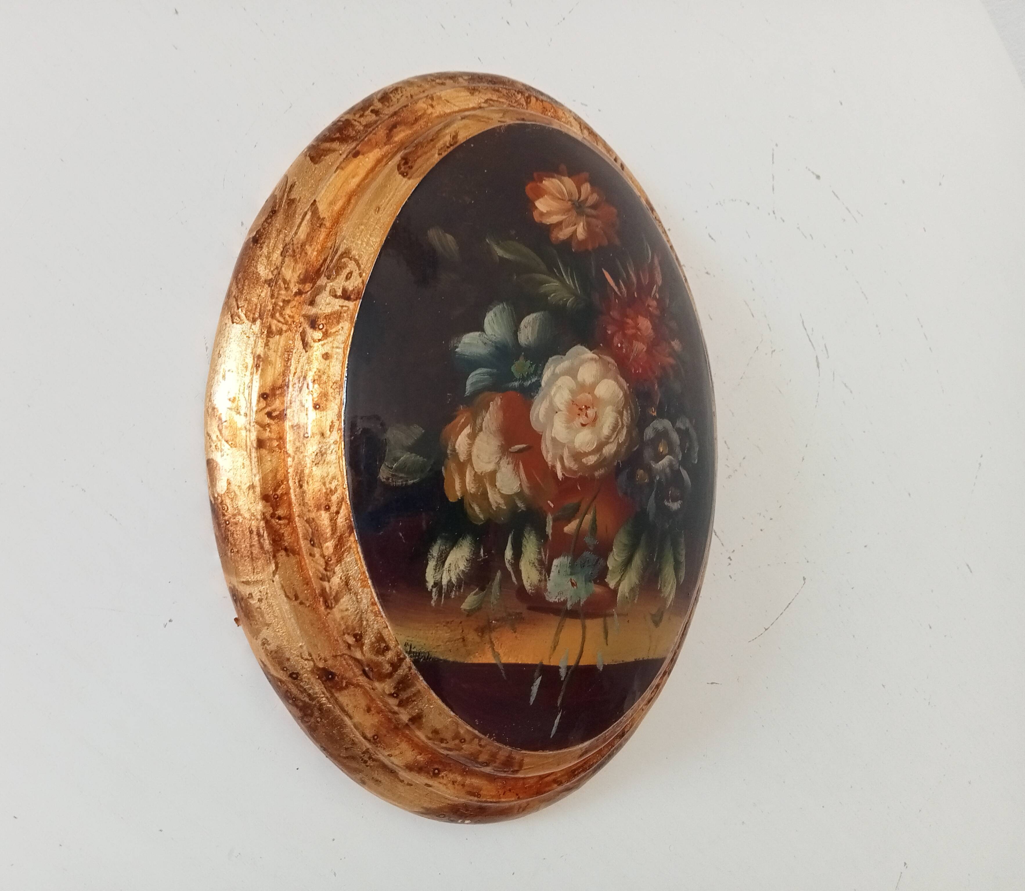 Curved frame still life lithograph on wood