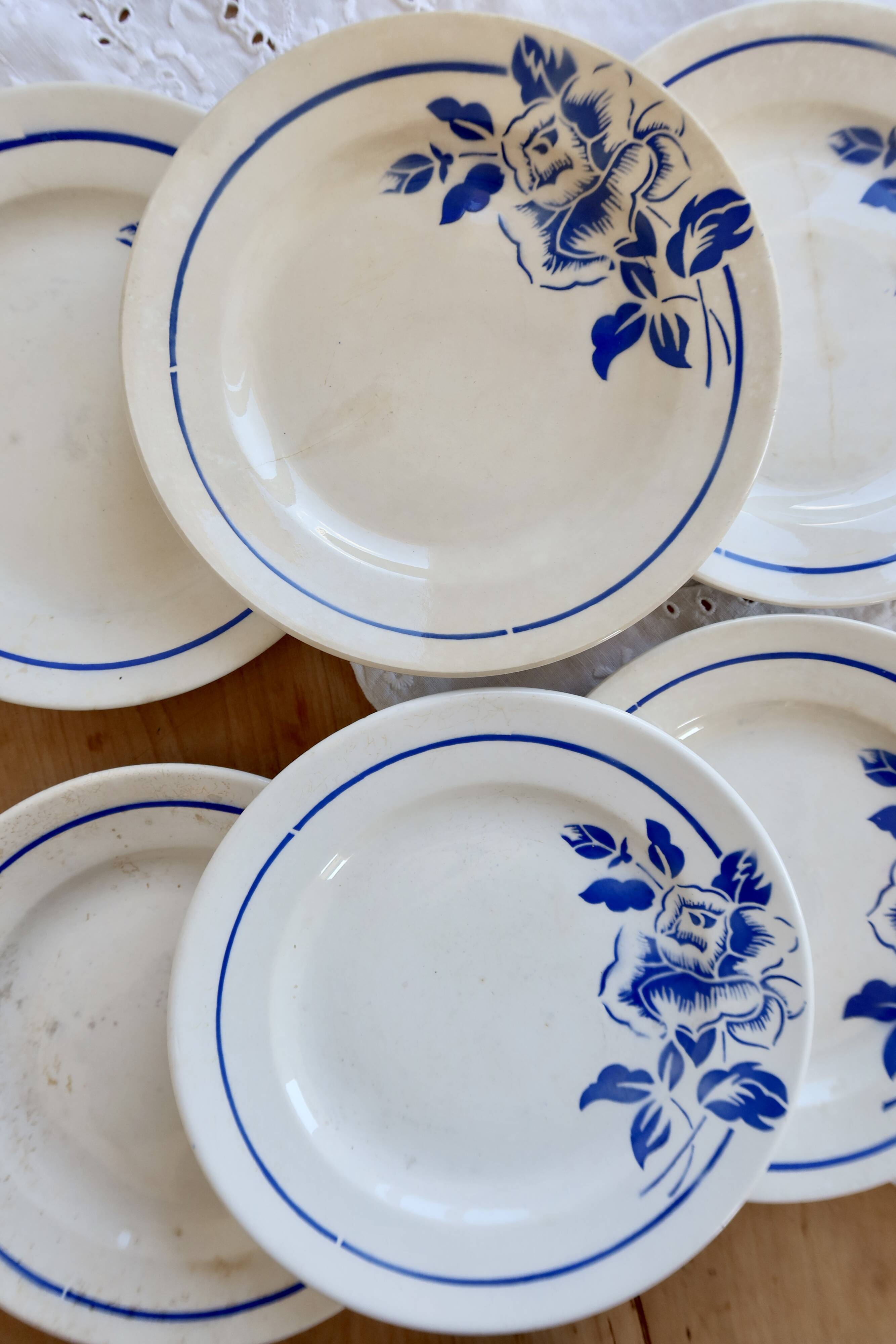 6 vintage ironstone dessert plates Digoin Sarreguemines Hubert blue