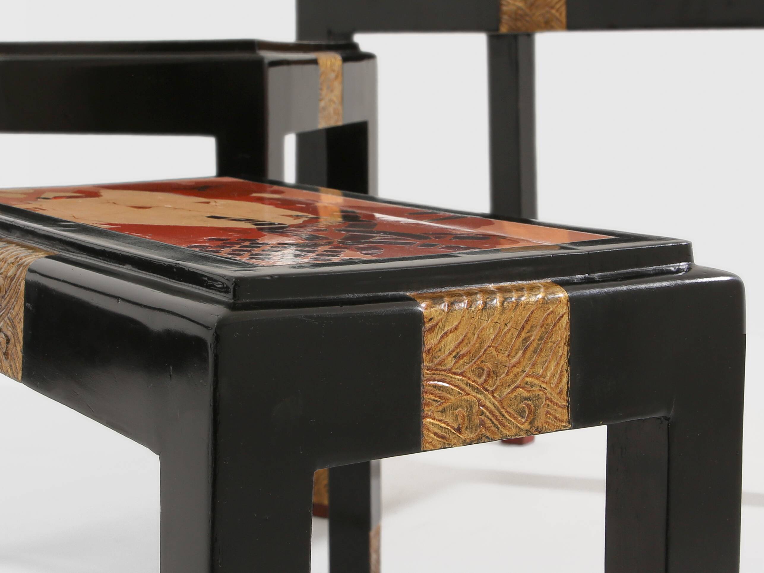Set of three nesting tables with Asian decor, blackened wood, circa 1920.