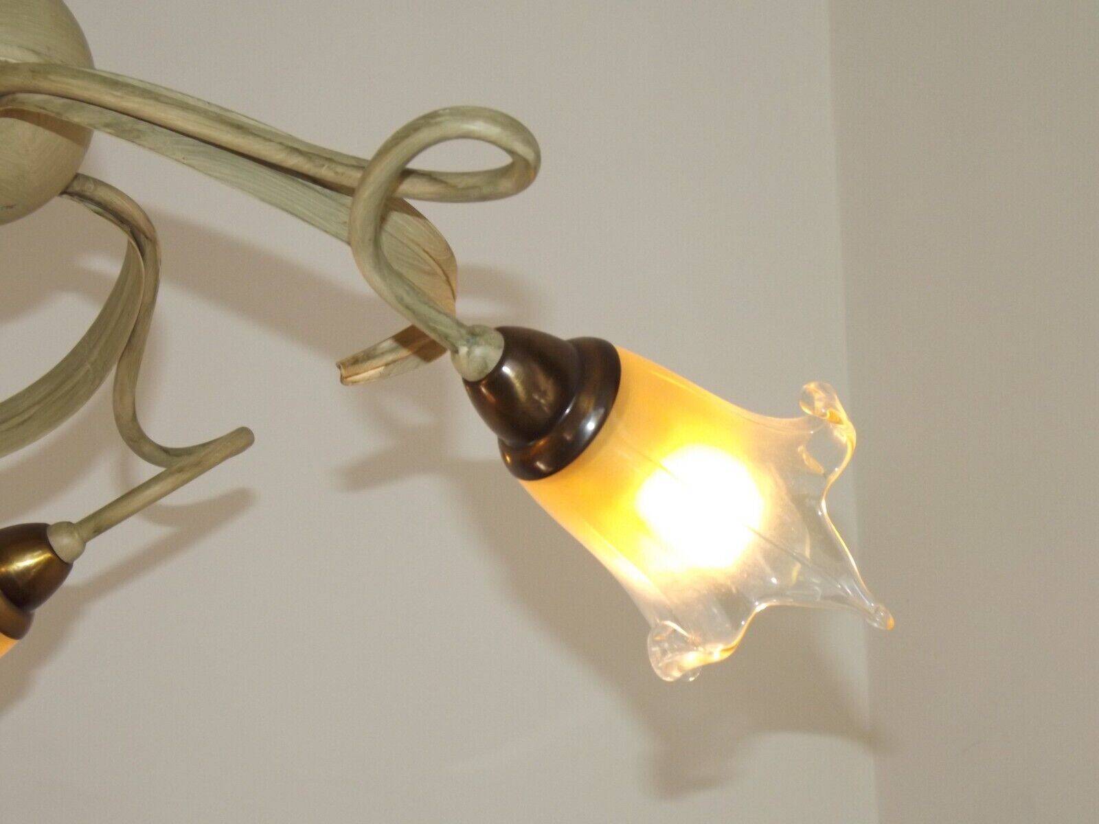 Stunning Italian Vintage 3 Light Tole Chandelier with Blown Glass Shades 4646