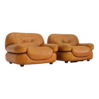 Fauteuils de salon en cuir cognac italien Sapporo pour Mobil Girgi années 1970, ensemble de
