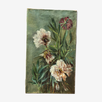 Tableau ancien fleurs posées pivoine huile sur toile