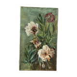 Tableau ancien fleurs posées pivoine huile sur toile