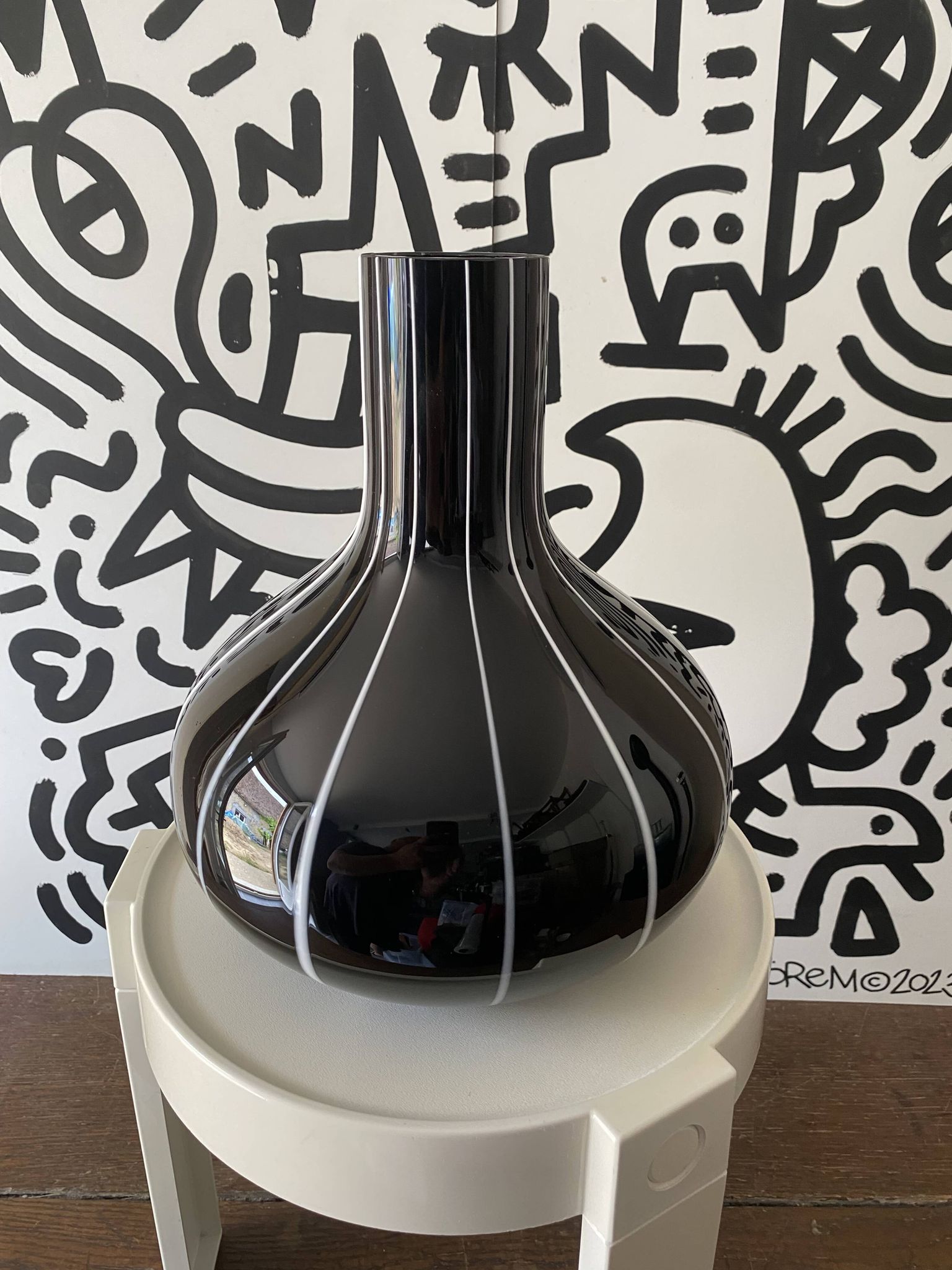 Black glass vase with white stripes, vintage 1950.