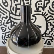 Black glass vase with white stripes, vintage 1950.
