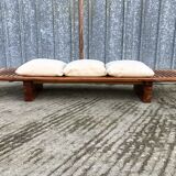 Vintage Yew Wood Bench with 3 Cushions