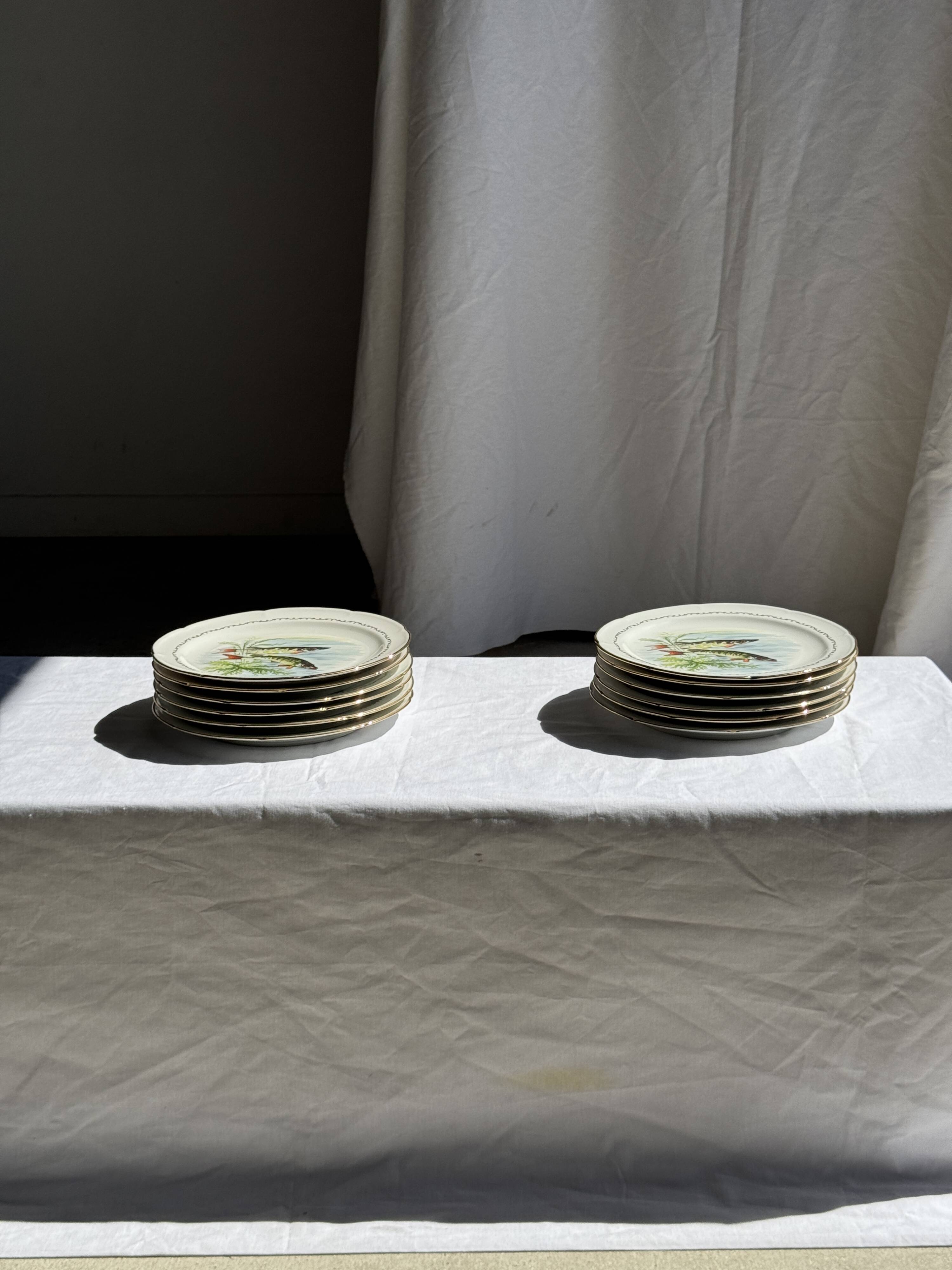 Set of 6 vintage Limoges porcelain plates with fish design.