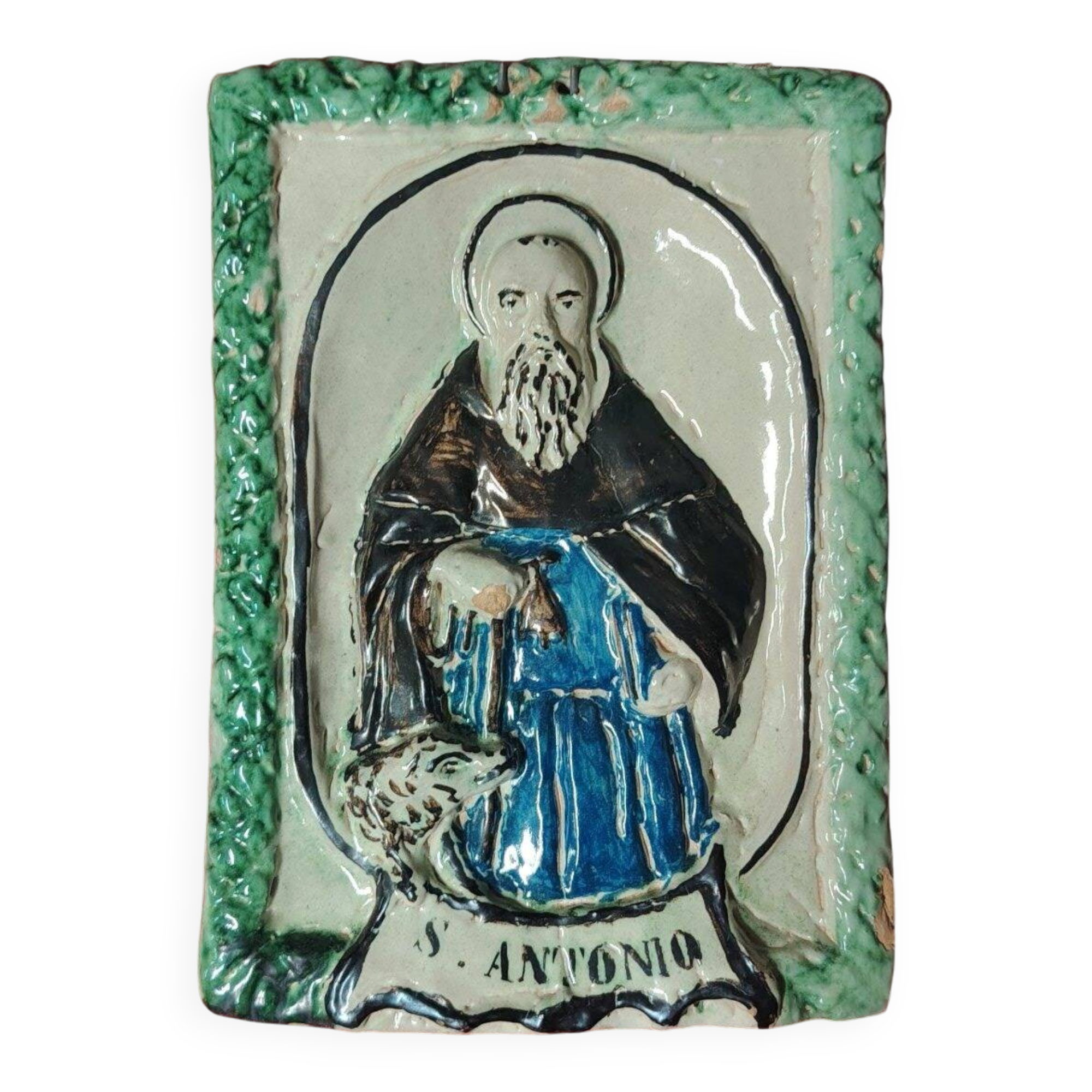 Plaque de dévotion en terre cuite Abbé Saint Antoine, XIX siècle