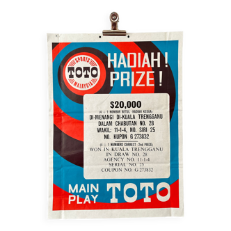 Original 1969 MALAISIE LOTERIE JEU TOTO LOTTO Campagne publicitaire