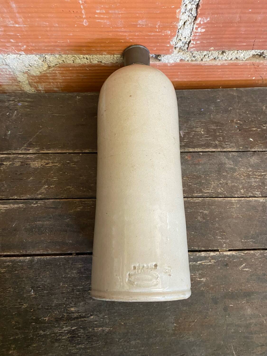 Vintage grey glazed stoneware bottle paul langeron with metal stopper