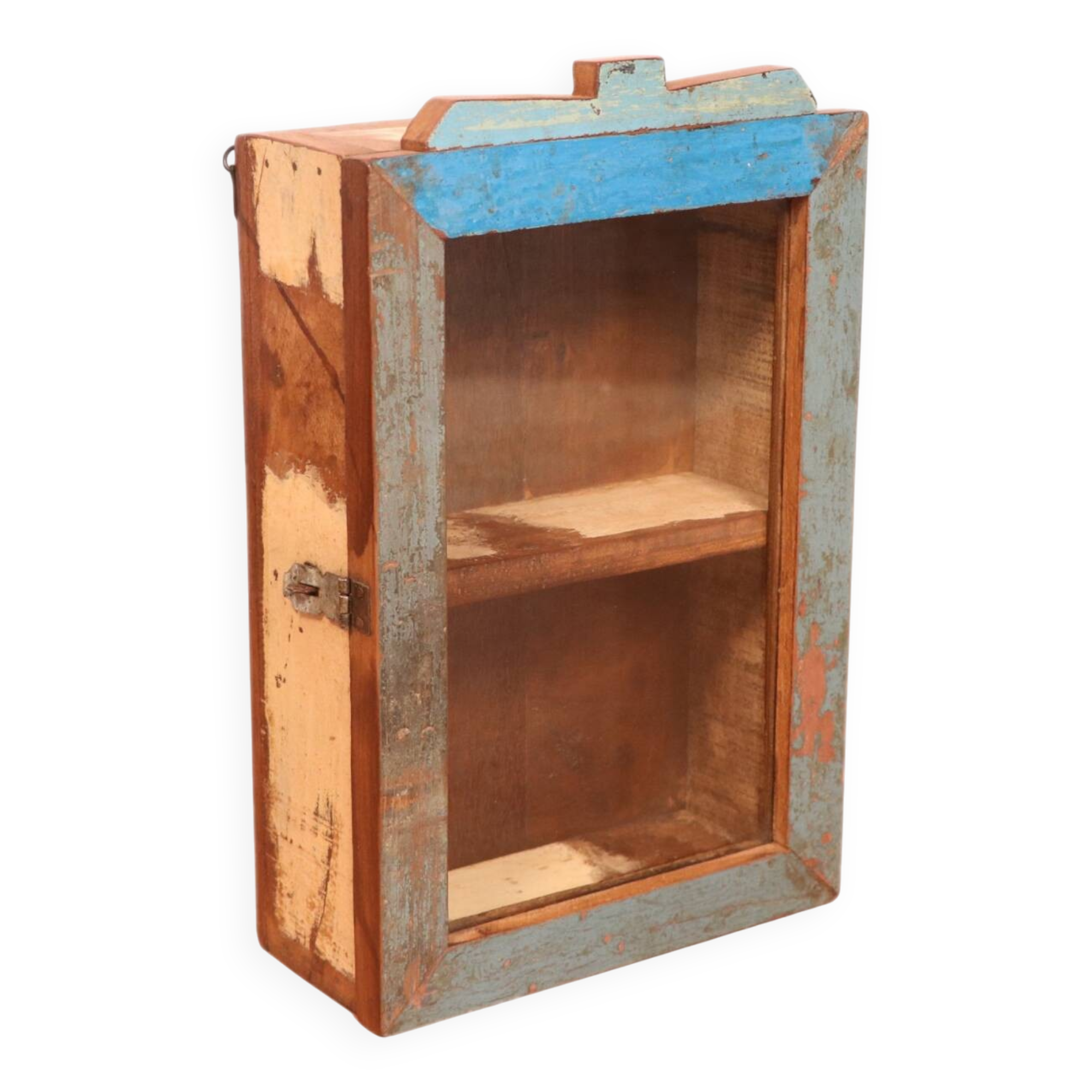 Burmese teak wall display case with original polychrome patina