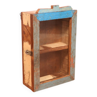 Burmese teak wall display case with original polychrome patina