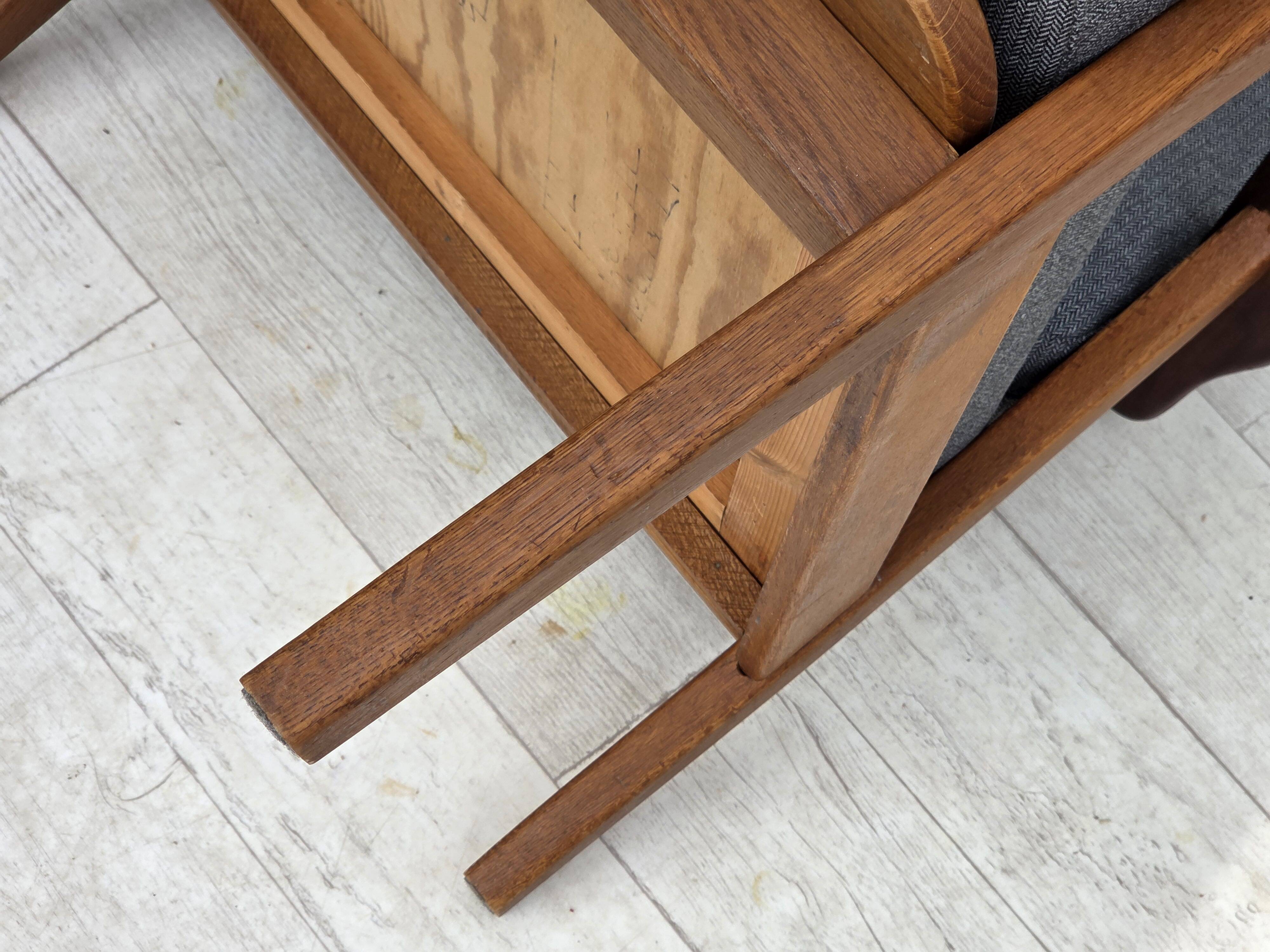 1970s, pair of Danish armchairs, reupholstered, furniture wool, teak, oak.