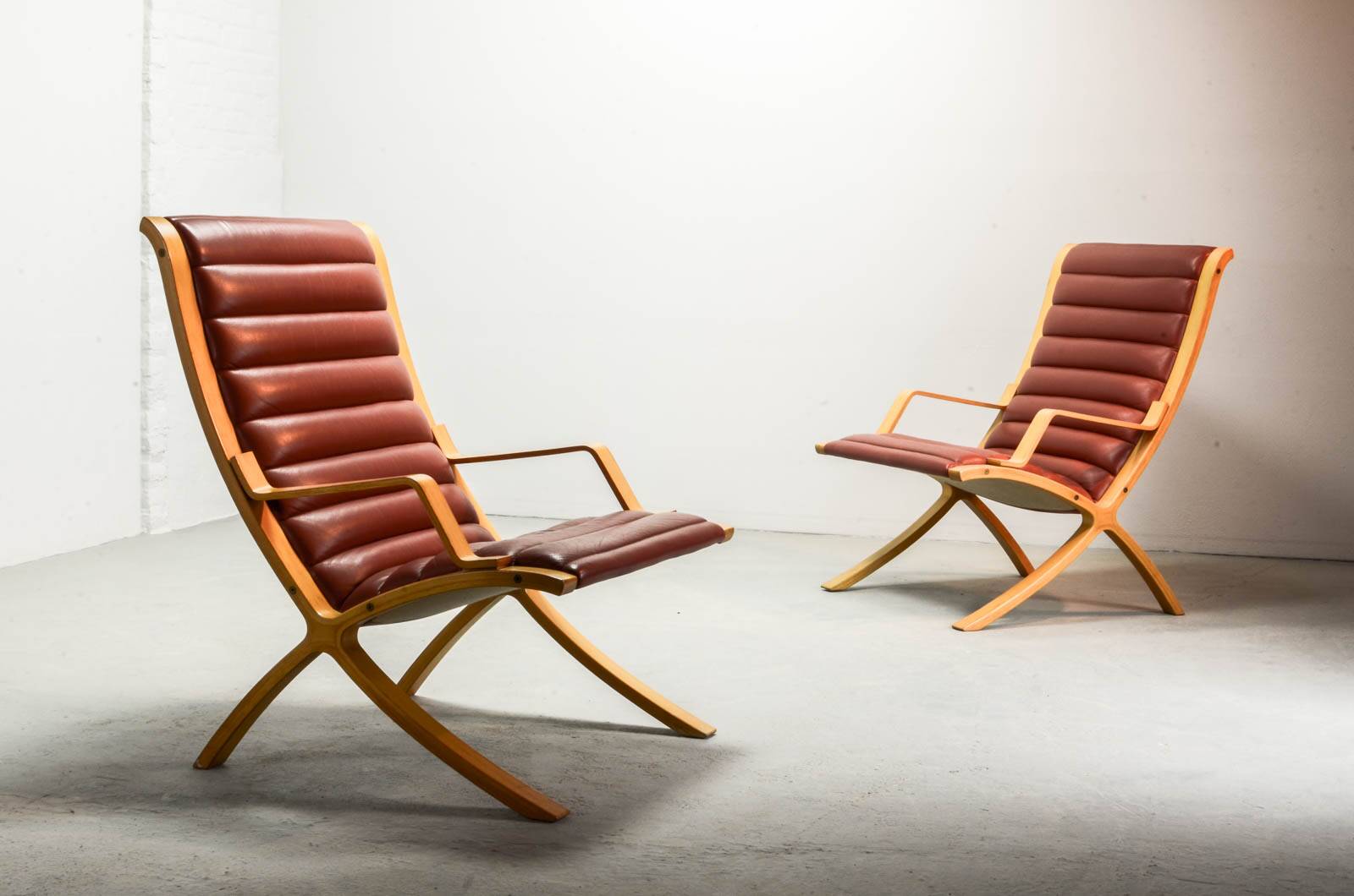 Padded Red Leather High Back AX Lounge Chairs by Hvidt and Molgaard Nielsen