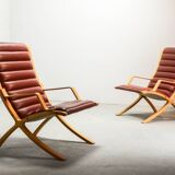 Padded Red Leather High Back AX Lounge Chairs by Hvidt and Molgaard Nielsen
