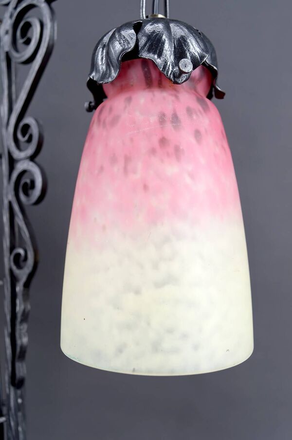 Importante Lampe Bicéphale en Fer Forgé par Schneider, Art Déco, c. 1920