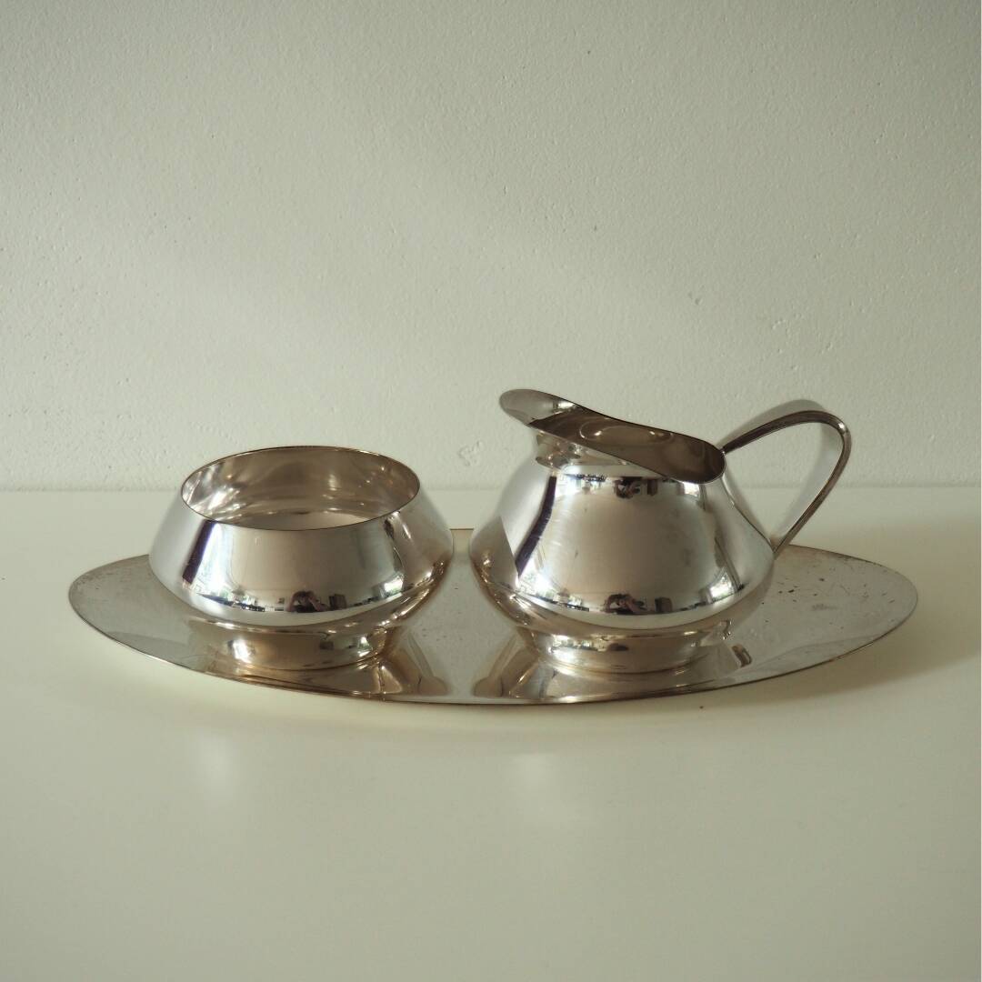 1960s Bauhaus Wagenfeld Silver Plate Sugar Cream Serving Set