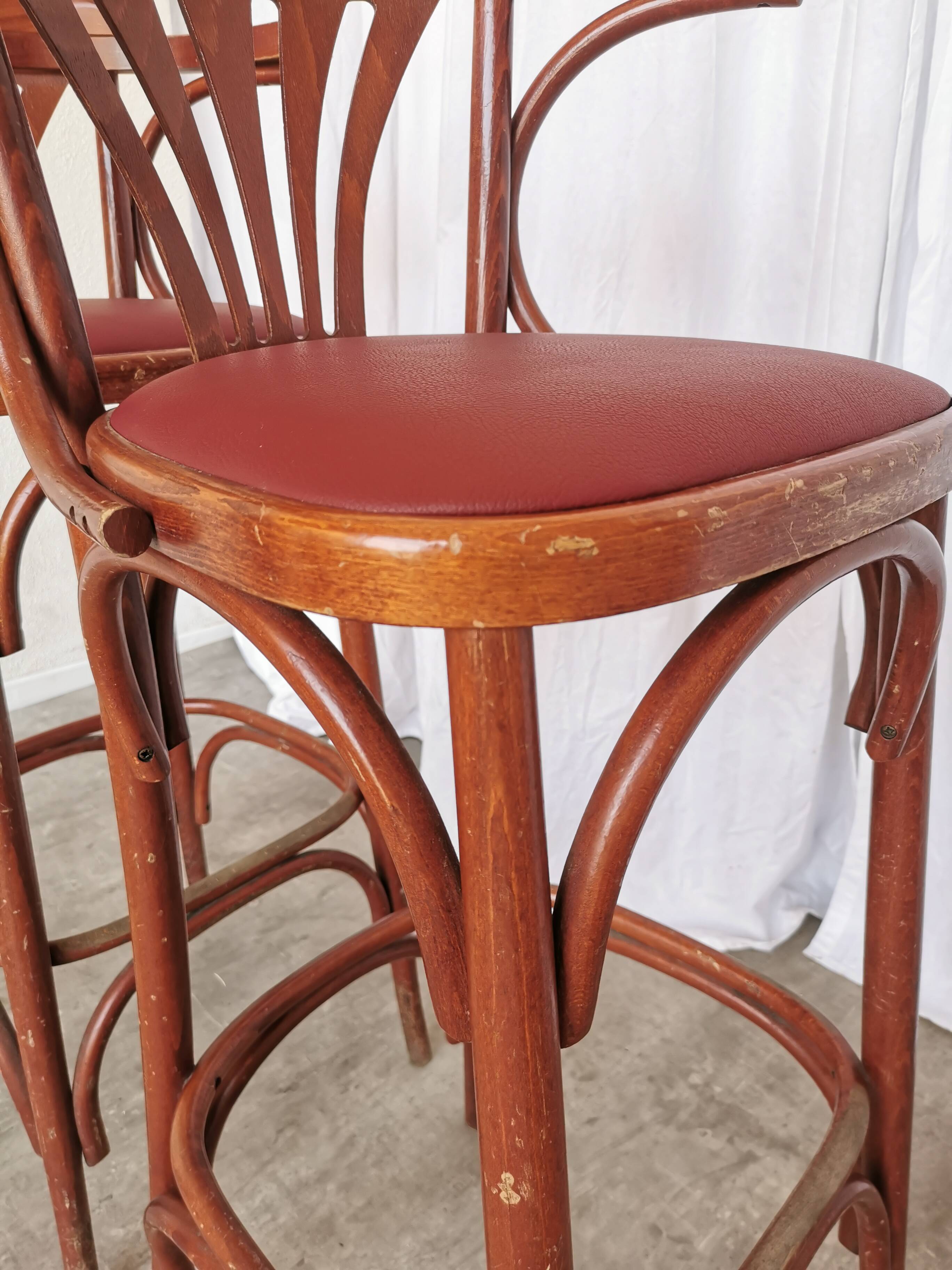 Set of 2 Vintage Bar Chairs: Red Leather Seat, High Pub Stools