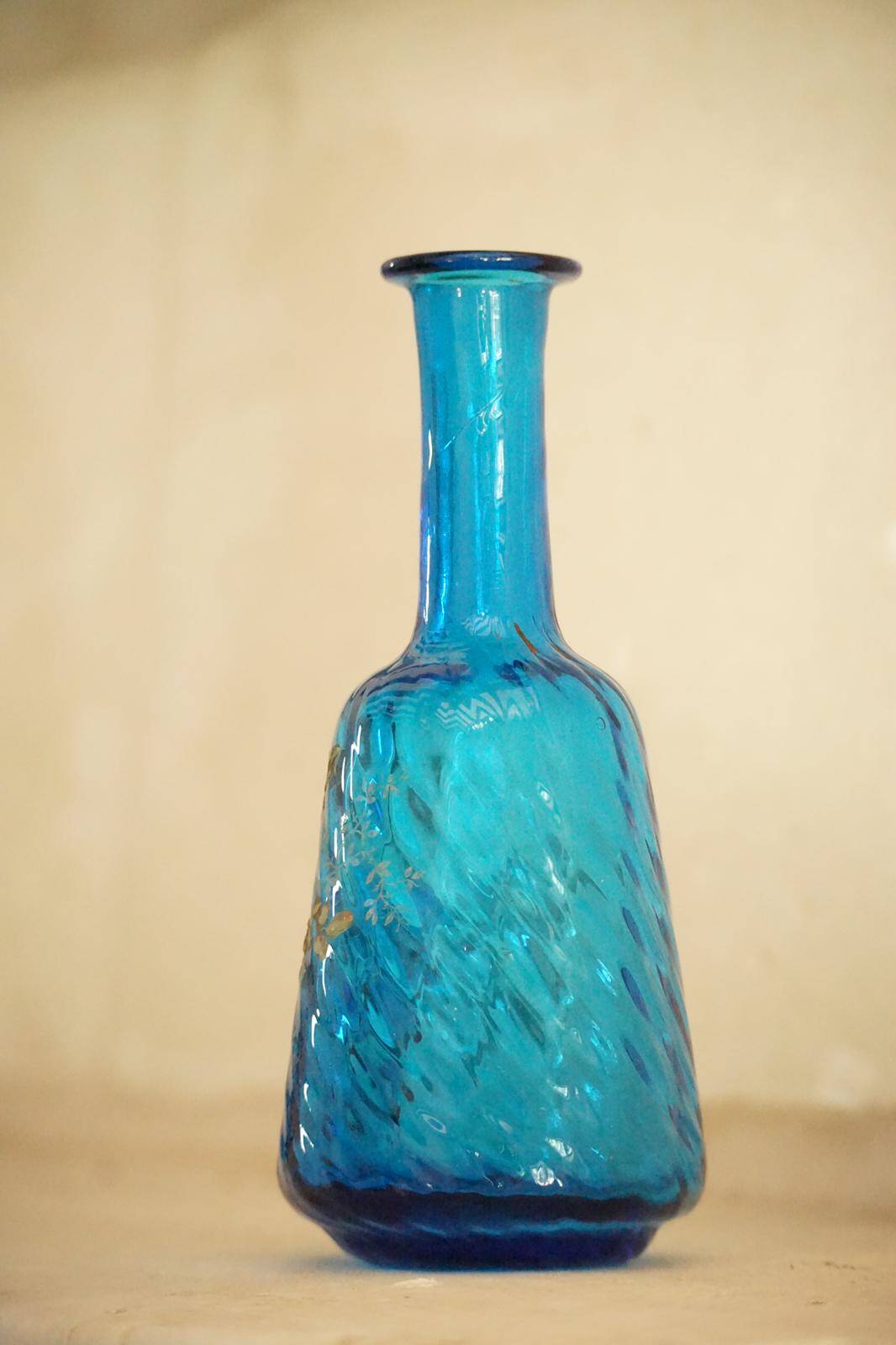 Legras glass carafe in blue enamel with a wisteria design.