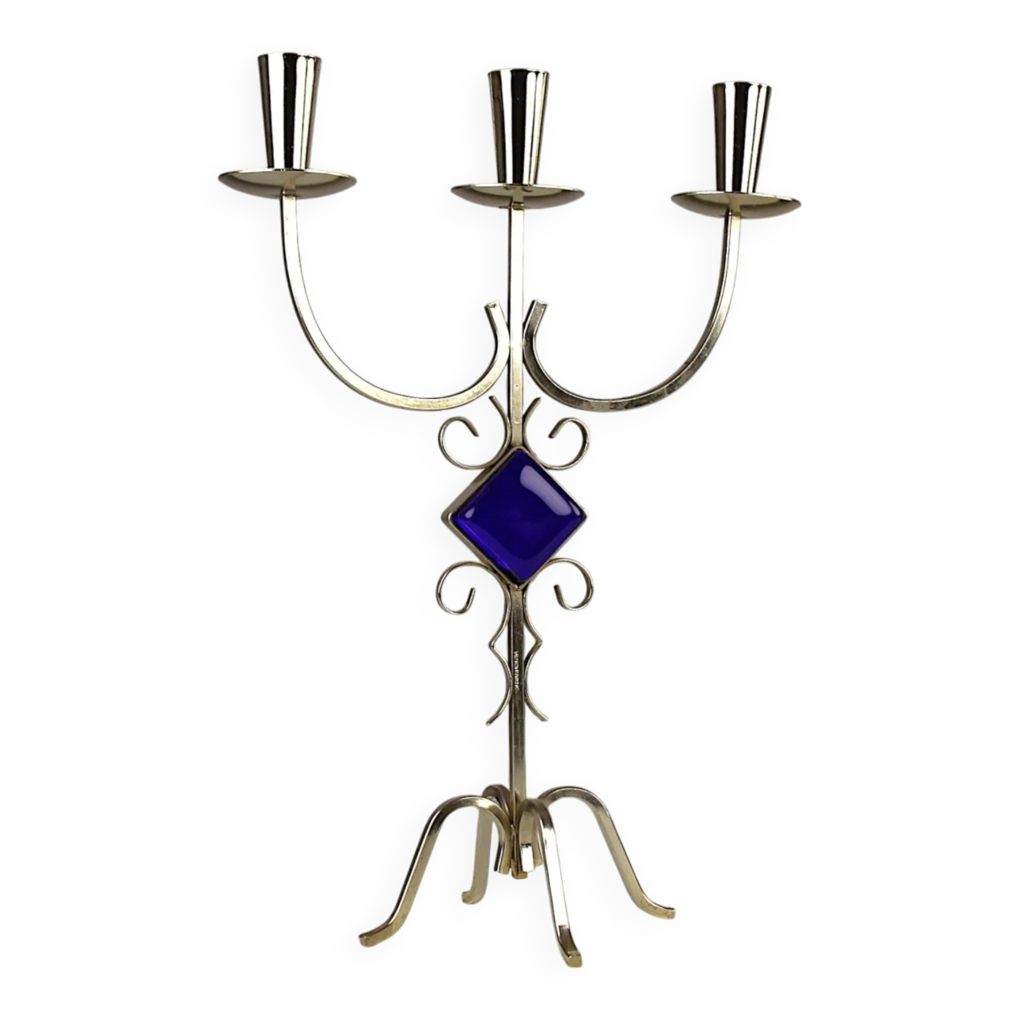 White Brass & Cobalt Blue Art Glass Candelabra by Gunnar Ander for Ystad-Metall — Sweden, 1960s