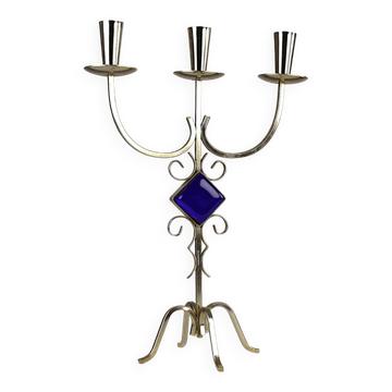 White Brass & Cobalt Blue Art Glass Candelabra by Gunnar Ander for Ystad-Metall — Sweden, 1960s