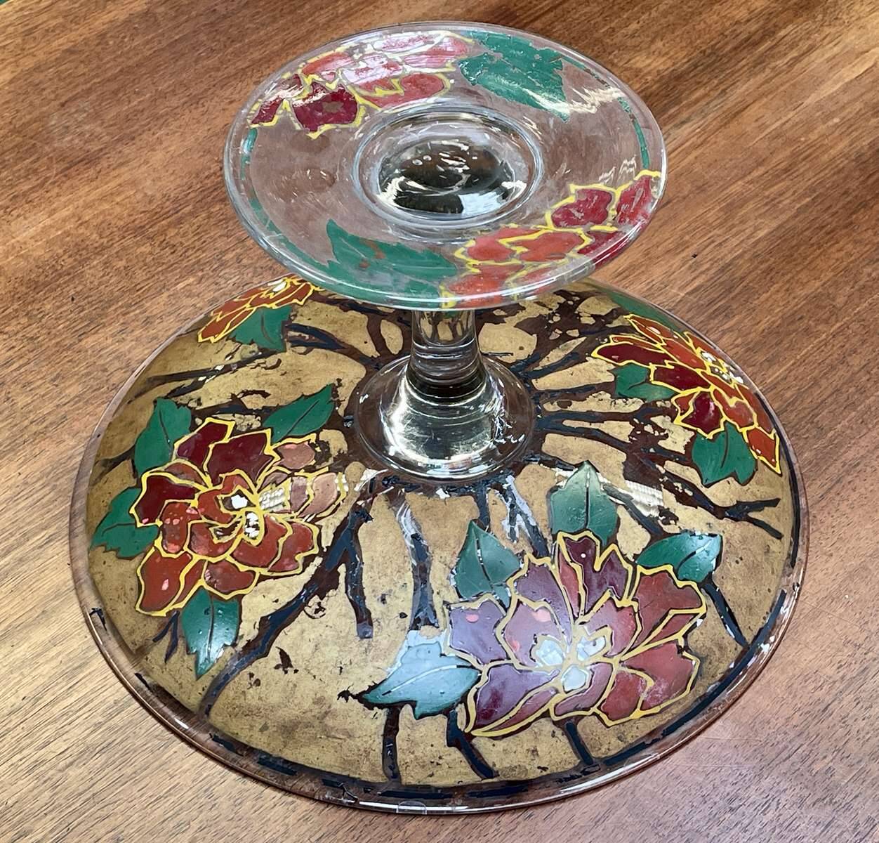 Enamelled glass footed bowl signed LEG for LEGRAS