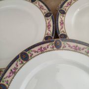 Set of 10 flat plates in Limoges porcelain stamp RN frieze blue old pinks