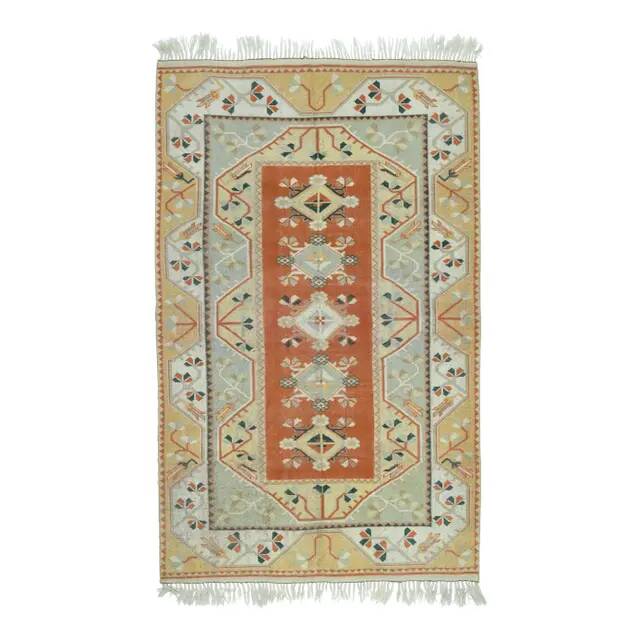 1970s Vintage Turkish Handmade Wool & Cotton Orange Area Rug 156x253