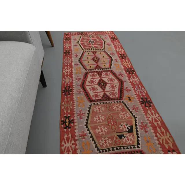 1970s Vintage Turkish Oushak Handmade Wool Cotton Red Runner Rug 70x354