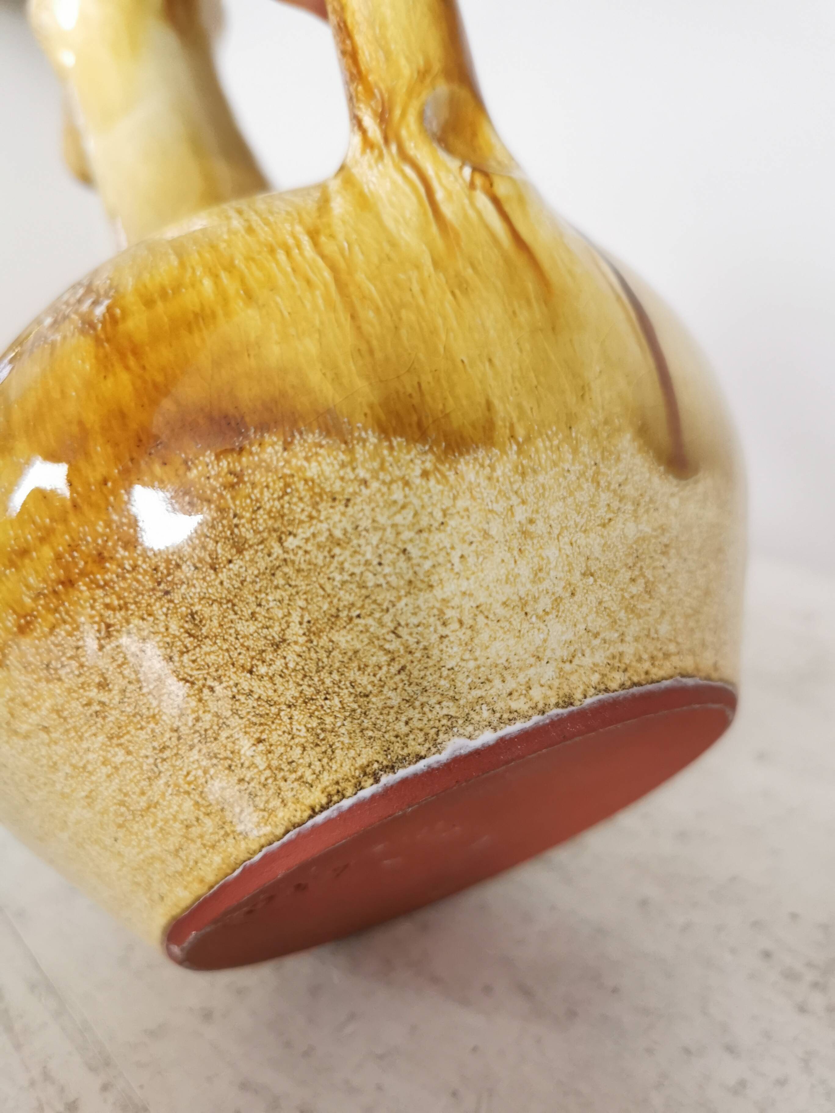 Handmade Ceramic Pitcher: 1970s LKC Pottery, Yellow Brown Glaze