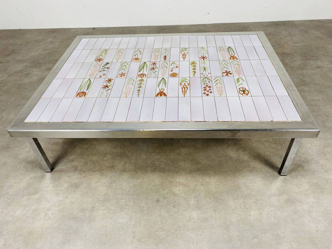 Square ceramic tile coffee table by Roger Capron, flowers, 1950s.