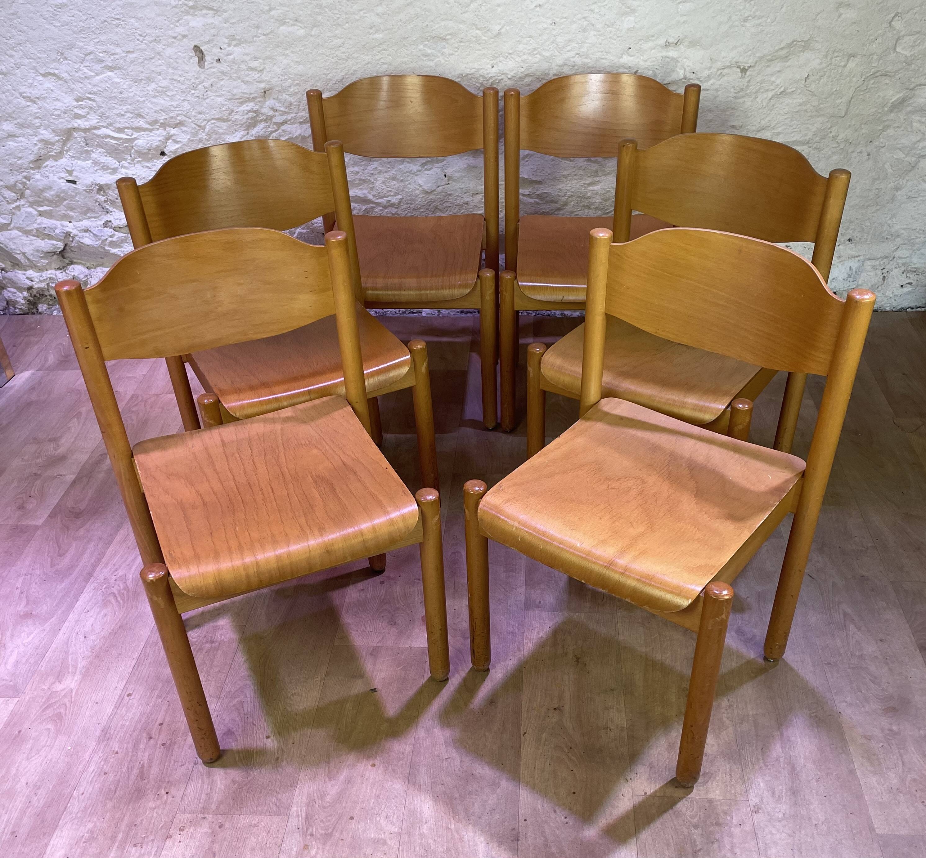 Set of 6 stackable vintage wooden chairs