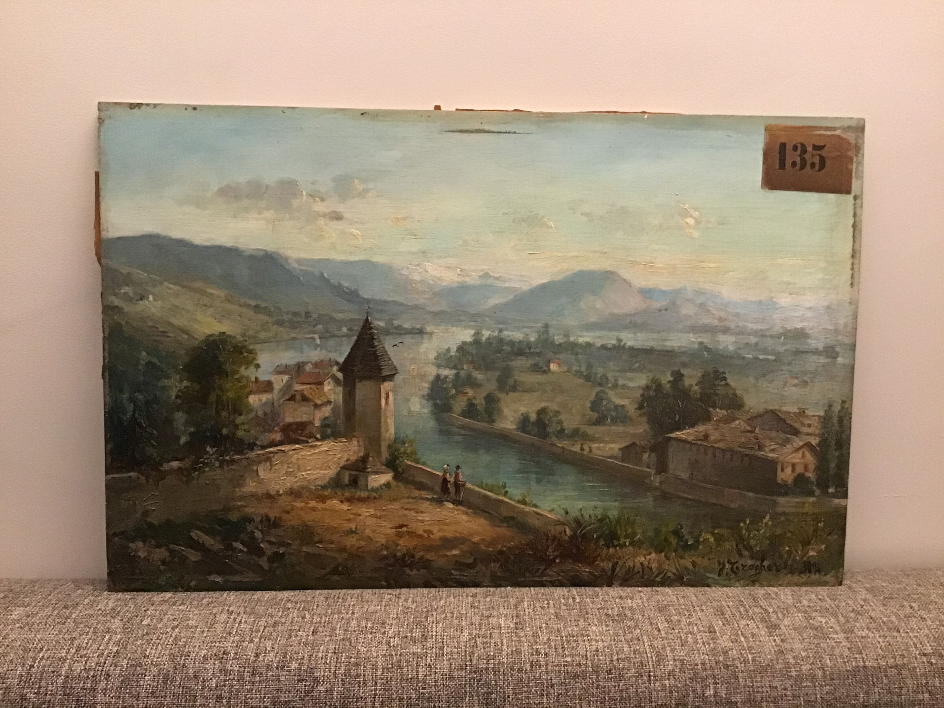 Ancient painting , Swiss landscape, signed and dated 1894