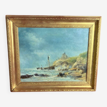 19th century oil on canvas depicting an animated marine scene with its gilded wooden frame